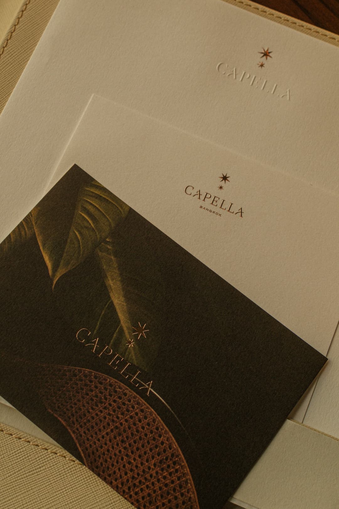 Hotel stationery photographed in the afternoon light